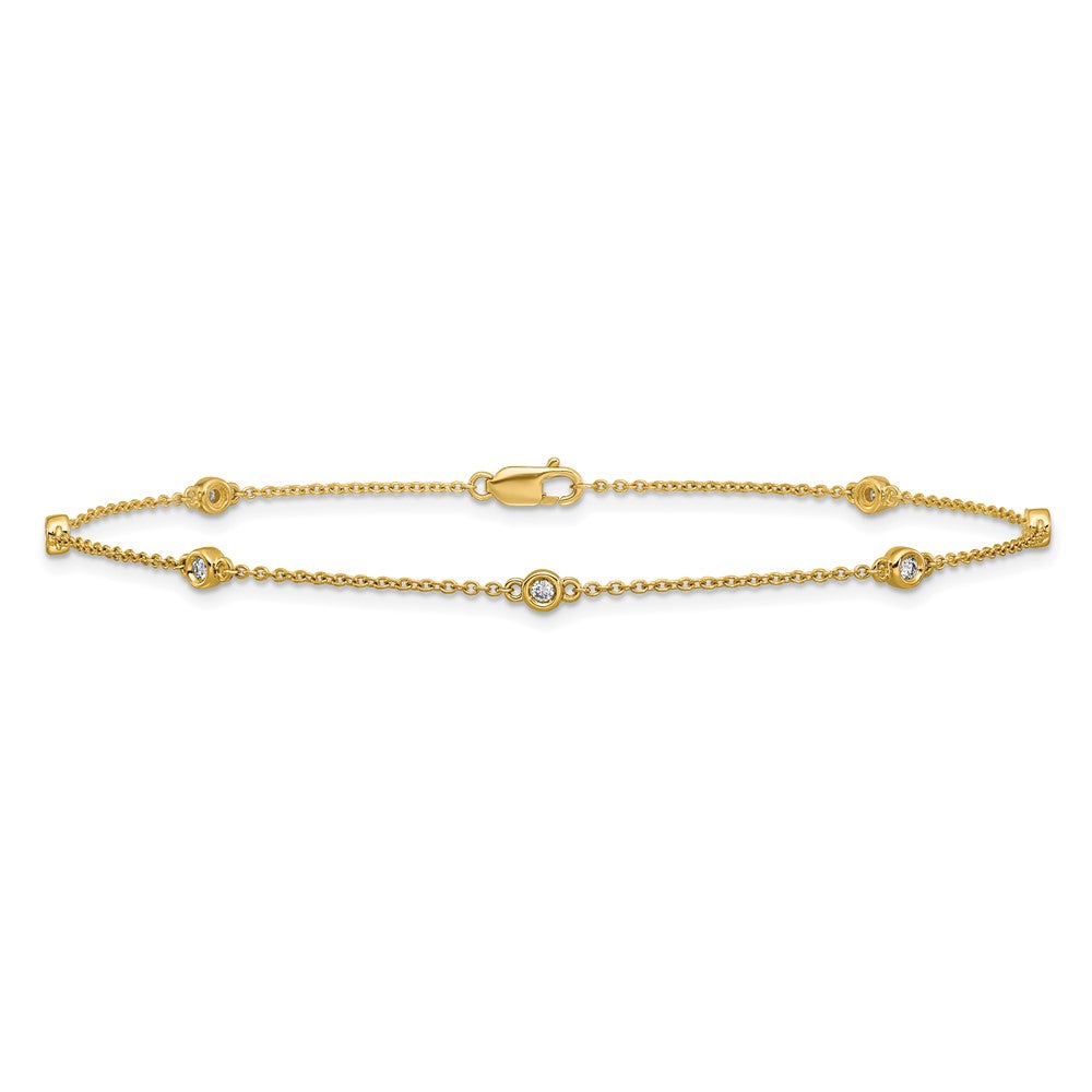 14K Yellow Gold Complete 1/6 carat Bezel-set Diamond and Cable Chain 7-Station 9 Inch Anklet