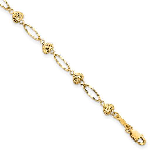 14K Yellow Gold Polished Oval Links with Diamond-cut Puffed Hearts 7.5 Inch Bracelet