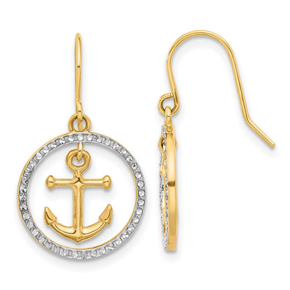 14K Yellow Gold and Rhodium D/C Anchor Dangle in Circle Dangle Earrings