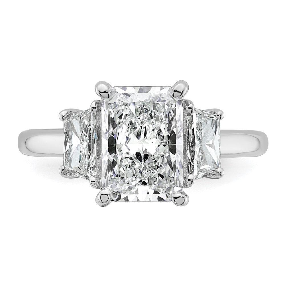 14K White Gold 3 1/3 carat Lab Grown Diamond VS+ F+ Radiant and Trapezoid Complete Three Stone Engagement Ring