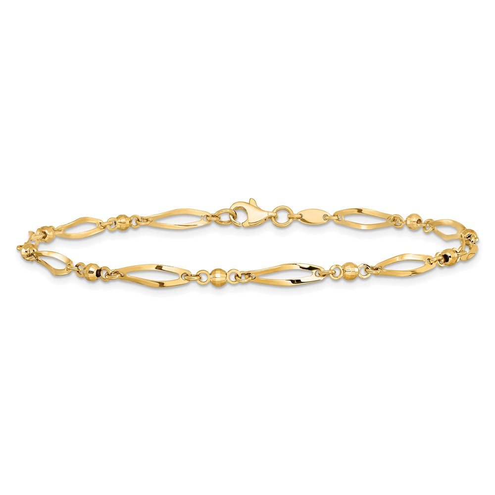 14K Yellow Gold Polished Twisted Oval and Mirror Beads 9 Inch Anklet