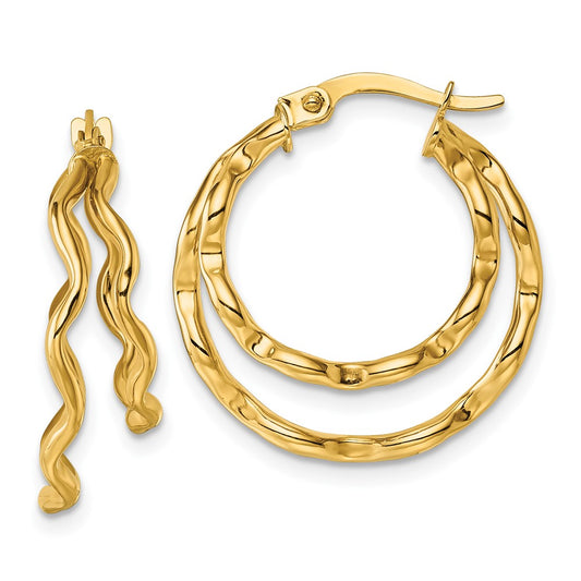 14K Yellow Gold Polished Wavy Double Circle Hoop Earrings