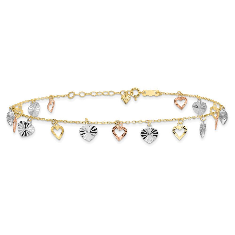 14K Tri-Color Gold Tri-Color Dangle Hearts 9 Inch Plus 1 Inch Extender - Total 10 Inch Anklet