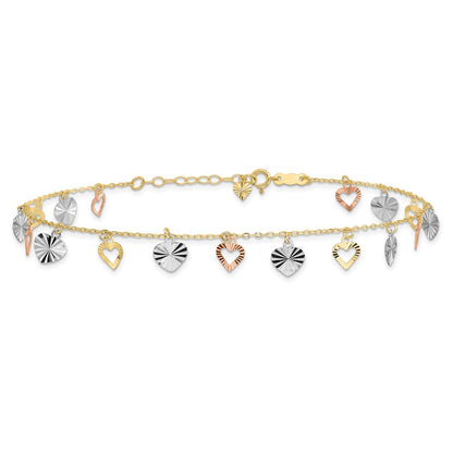 14K Tri-Color Gold Tri-Color Dangle Hearts 9 Inch Plus 1 Inch Extender - Total 10 Inch Anklet