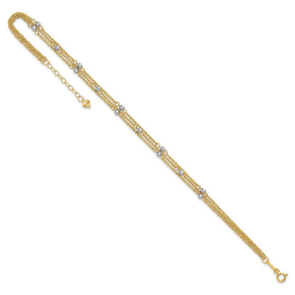14K Two-Tone Gold Two-tone 3-Strand Chain with Mirror Beads 9 Inch Plus 1 Inch Extender - Total 10 Inch Anklet