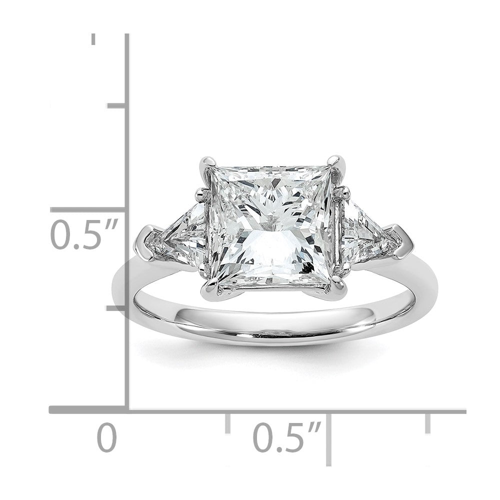 14K White Gold 5/8 carat Lab Grown Diamond VS+ F+ Trillion and 2 1/2 carat Princess Center Semi Mount Three Stone Engagement Ring