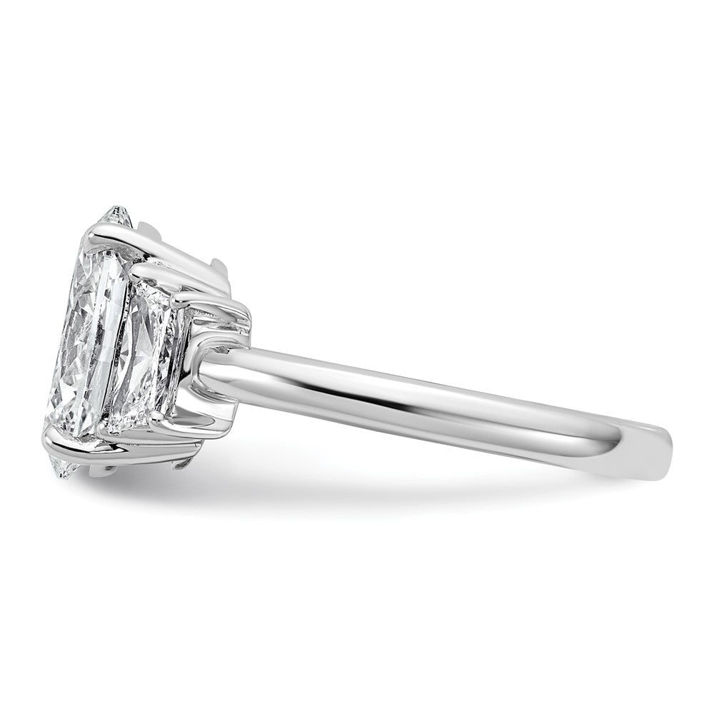 14K White Gold 3/4 carat Lab Grown Diamond VS+ F+ Trapezoid 2 1/2 carat Oval Semi Mount Three Stone Engagement Ring