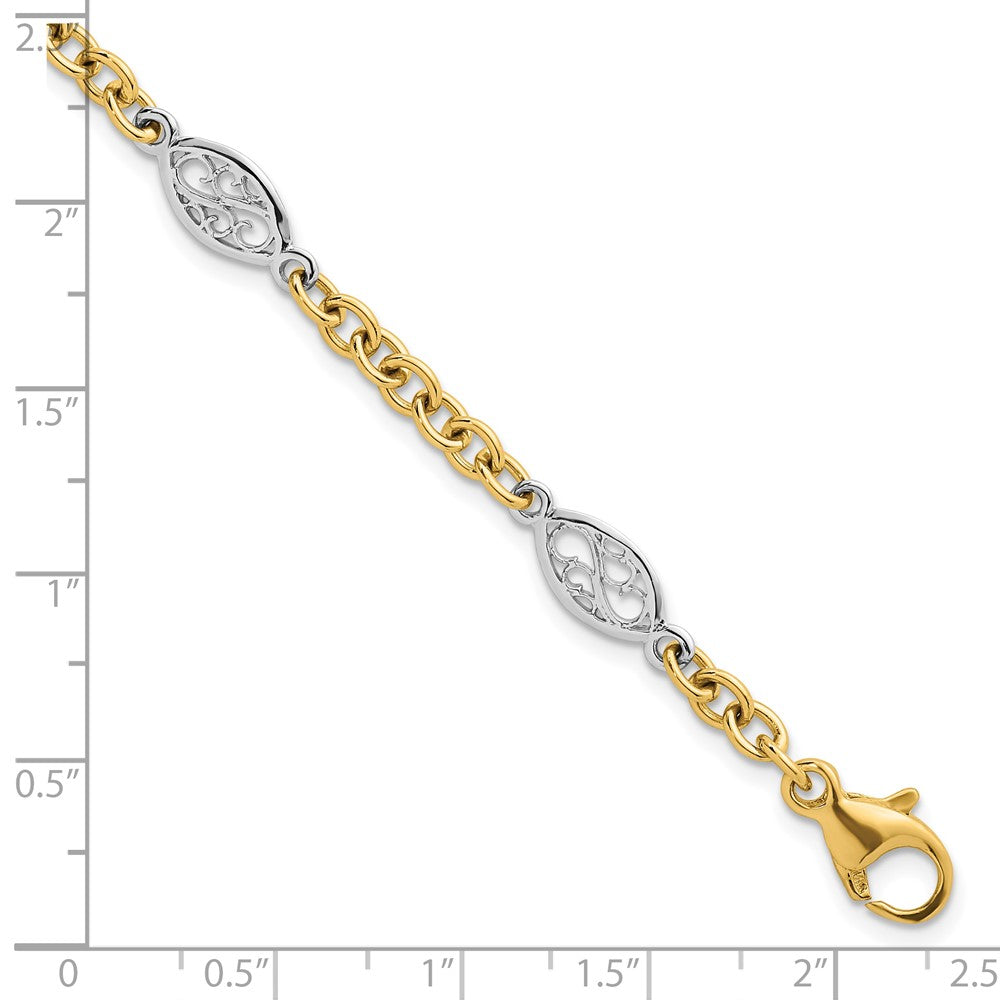14K Two-Tone Gold Two-tone Polished 6.5mm Fancy Cable Chain and Filigree Oval 7.25 Inch Bracelet
