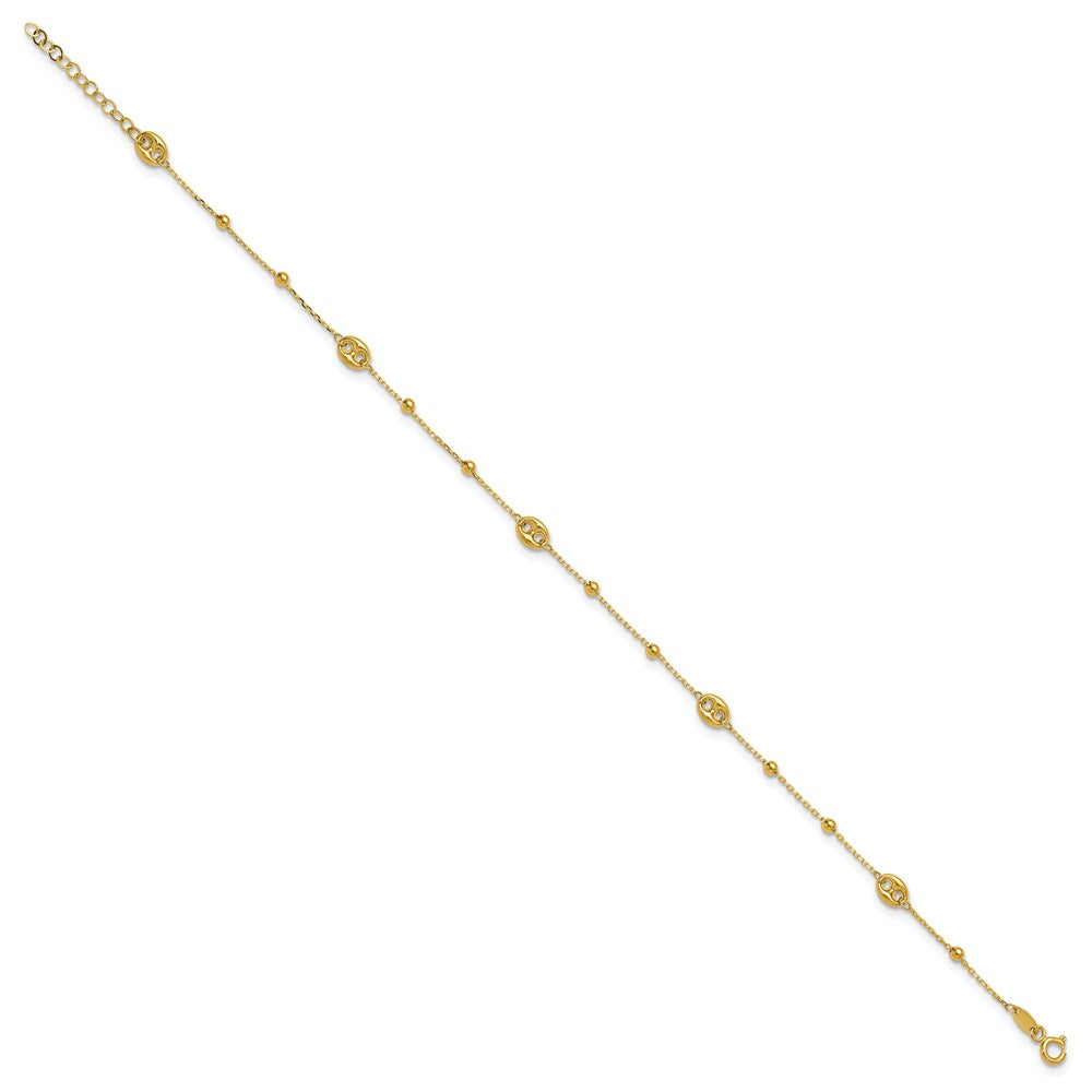 14K Yellow Gold Puffed Mariner Beaded 9 Inch Plus 1 Inch Extender - Total 10 Inch Anklet
