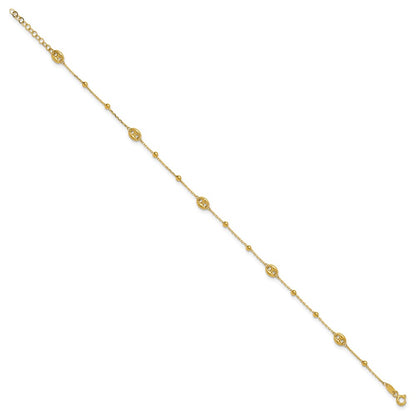 14K Yellow Gold Puffed Mariner Beaded 9 Inch Plus 1 Inch Extender - Total 10 Inch Anklet