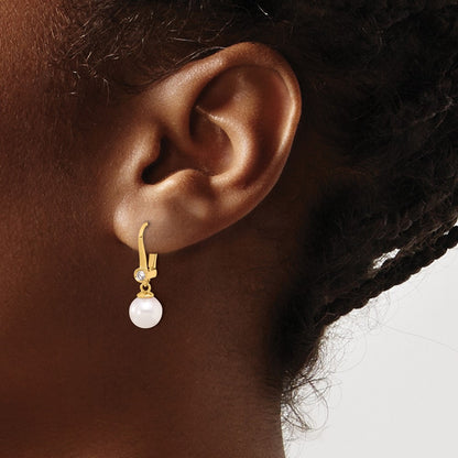 14K Yellow Gold 7-8mm Round Akoya Saltwater Cultured Pearl and .10 Carat Diamond Dangle Earrings