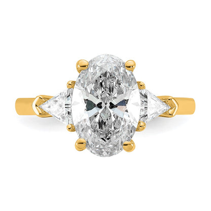 14K Yellow Gold 5/8 carat Lab Grown Diamond VS/SI+ G+ Trillion and 2 1/2 carat Oval Center Semi Mount Three Stone Engagement Ring