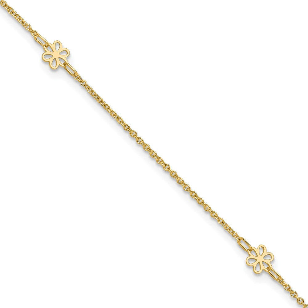 14K Yellow Gold Flowers 3-Station with Flower Dangle 10 Inch Plus 1 Inch Extender - Total 11 Inch Anklet
