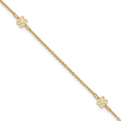 14K Yellow Gold Flowers 3-Station with Flower Dangle 10 Inch Plus 1 Inch Extender - Total 11 Inch Anklet