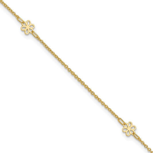 14K Yellow Gold Flowers 3-Station with Flower Dangle 10 Inch Plus 1 Inch Extender - Total 11 Inch Anklet