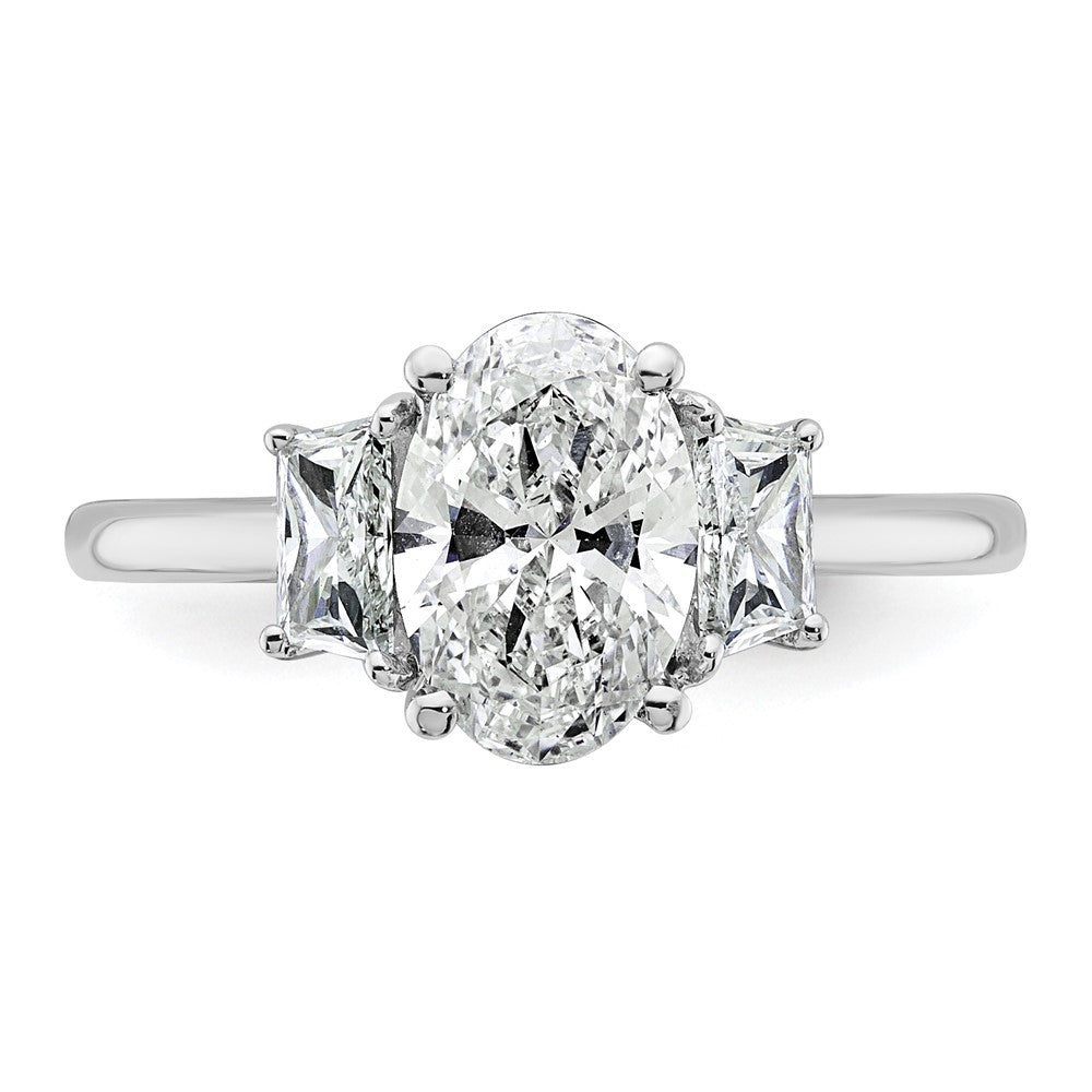 14K White Gold 2 carat Certified Lab Grown Diamond VS+ F+ Oval and Trapezoid Complete Three Stone Engagement Ring