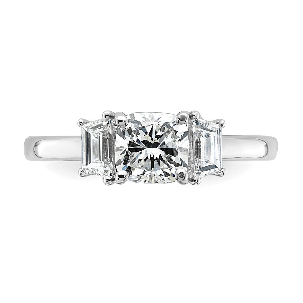 14K White Gold  3/8 carat Lab Grown Diamond VS+ F+ Half Moon 1 carat Cushion Center Semi Mount Three Stone Engagement Ring