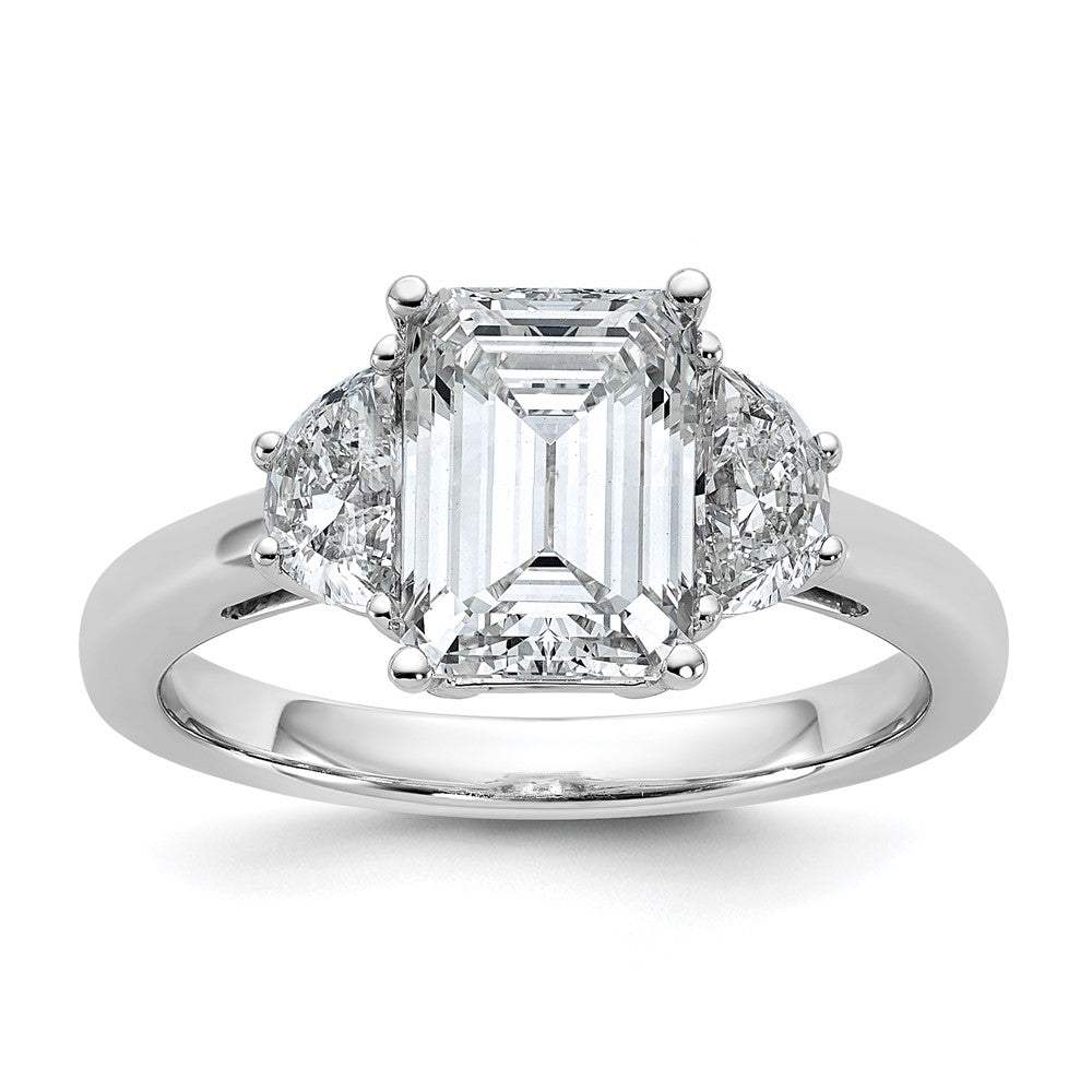 14K White Gold 2 1/2 carat Certified Lab Grown Diamond VS+ F+ Complete Emerald and Half Moon Three Stone Engagement Ring
