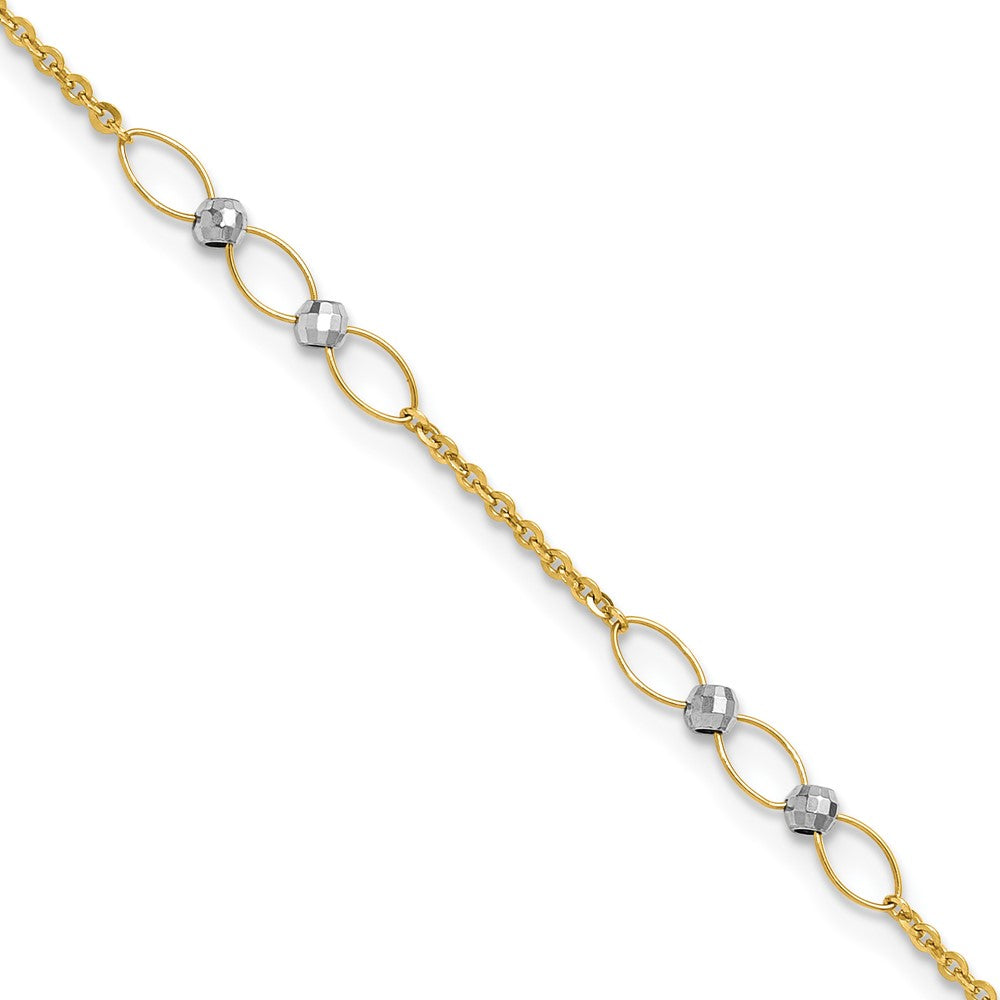 14K Two-Tone Gold Two-tone Oval Links and Mirror Beads 9 Inch Plus 1 Inch Extender - Total 10 Inch Anklet