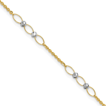 14K Two-Tone Gold Two-tone Oval Links and Mirror Beads 9 Inch Plus 1 Inch Extender - Total 10 Inch Anklet