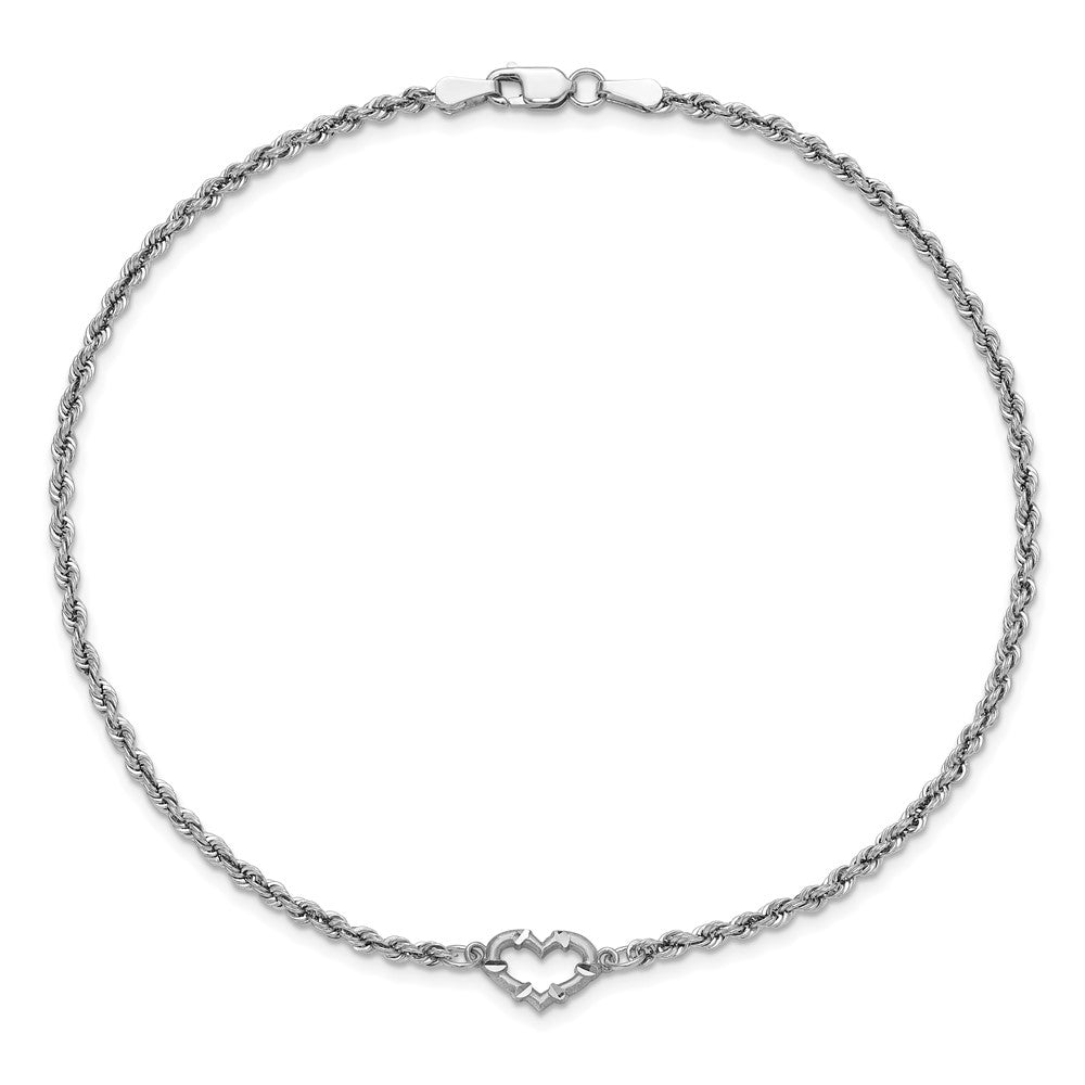 14K White Gold Diamond-cut Open Heart and Rope Chain 10 Inch Anklet