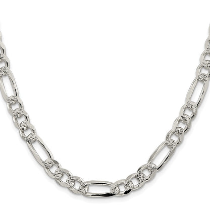 Sterling Silver Rhodium-plated 8mm Pav‚ Flat Figaro 26 Inch Chain