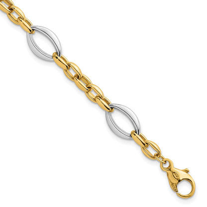 14K Two-Tone Gold Two Tone Polished Oval and Cable Chain 7.25 Inch Bracelet