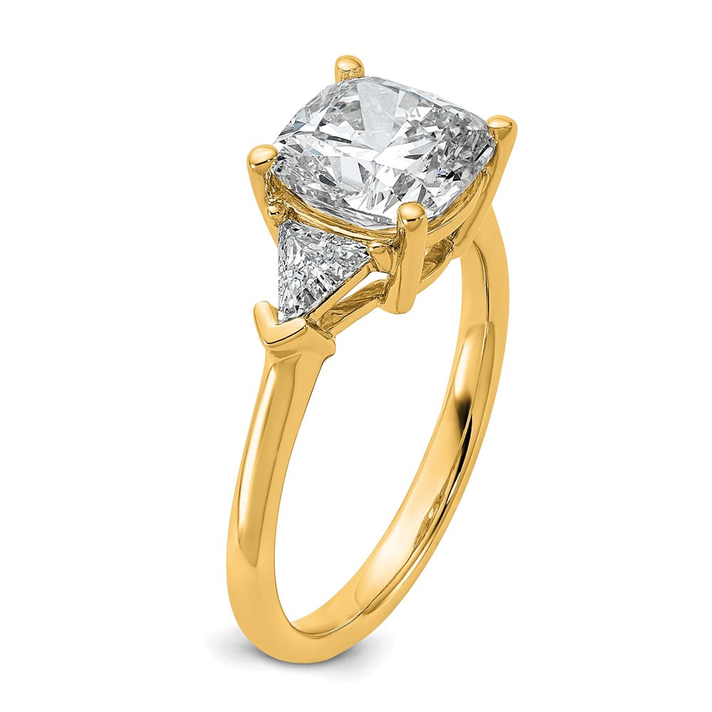 14K Yellow Gold 3 1/8 carat Certified Lab Grown Diamond VS/SI+ G+ Cushion and Triangle Complete Three Stone Engagement Ring
