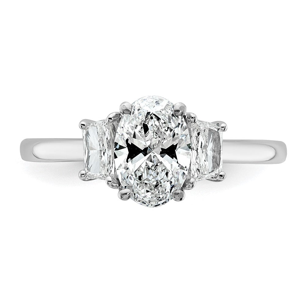 14K White Gold 1 3/8 carat Certified Lab Grown Diamond VS+ F+ Oval and Trapezoid Complete Three Stone Engagement Ring