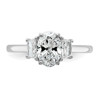 14K White Gold 1 3/8 carat Certified Lab Grown Diamond VS+ F+ Oval and Trapezoid Complete Three Stone Engagement Ring
