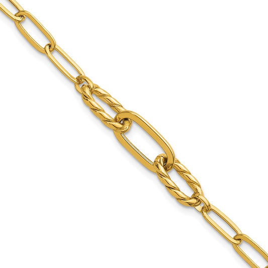 14K Yellow Gold Polished Fancy Oval and Twisted Link 7.5 Inch Paperclip Bracelet