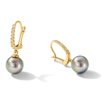 14K Yellow Gold 8-9mm Black Round Tahitian Saltwater Cultured Pearl and .07 Carat Diamond Leverback Dangle Earrings