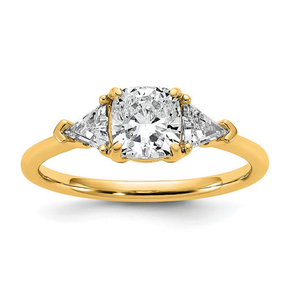 14K Yellow Gold 1/2 carat Lab Grown Diamond VS+ F+ Triangle 1 carat Cushion Center Semi Mount Three Stone Engagement Ring