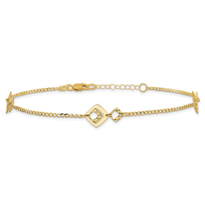 14K Yellow Gold Textured Squares 9 Inch Plus 1 Inch Extender - Total 10 Inch Anklet