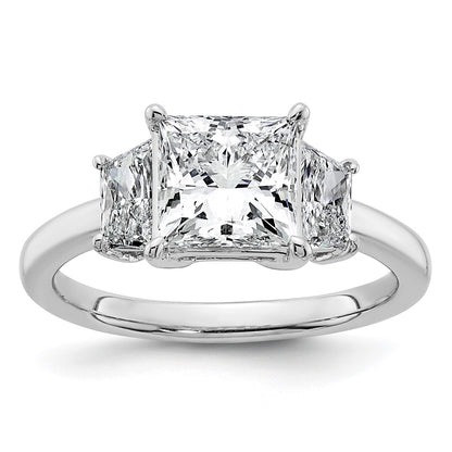 14K White Gold 2 3/4 carat Lab Grown Diamond VS+ F+ Princess and Trapezoid Complete Three Stone Engagement Ring
