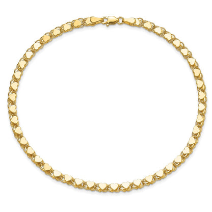 14K Yellow Gold Polished Double-Sided Hearts Double Link 9 Inch Anklet
