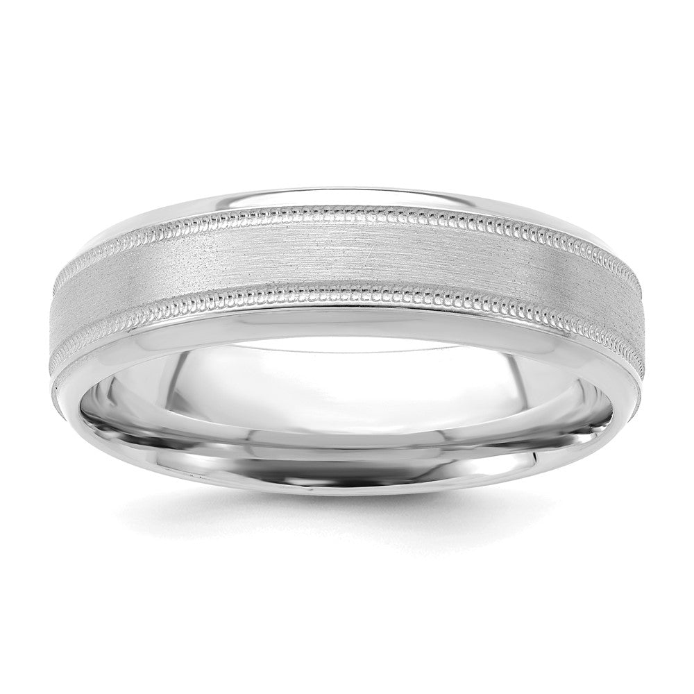 14K White Gold 6mm Standard Weight Comfort Fit Brushed Satin/Polished Milgrain Grooved Edge Wedding Band Ring