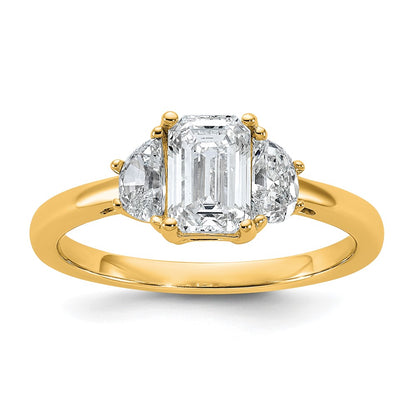 14K Yellow Gold 3/8 carat Lab Grown Diamond VS+ F+ Semi Mount Emerald and Half Moon Three Stone Engagement Ring