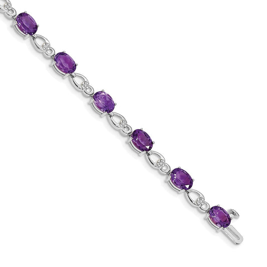 14K White Gold Complete Oval Amethyst and Diamond Fancy Link 7 Inch Bracelet