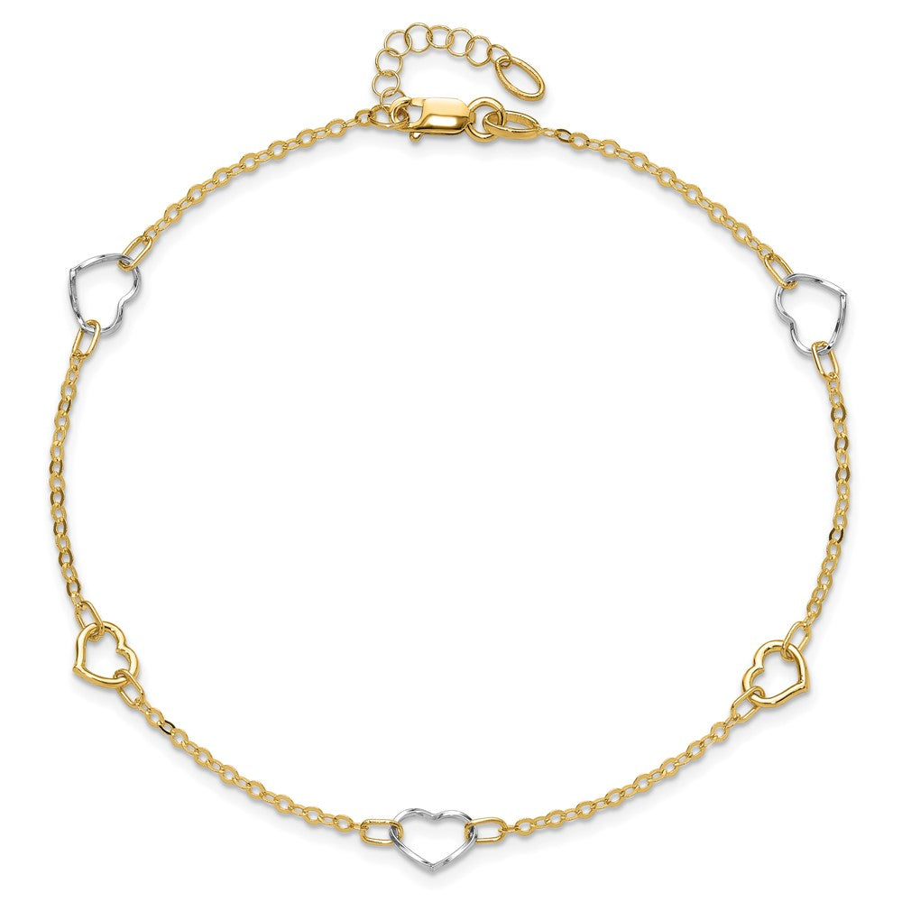 14K Two-Tone Gold Two-tone Polished Open Hearts 5-Station 9 Inch Plus 1 Inch Extender - Total 10 Inch Anklet
