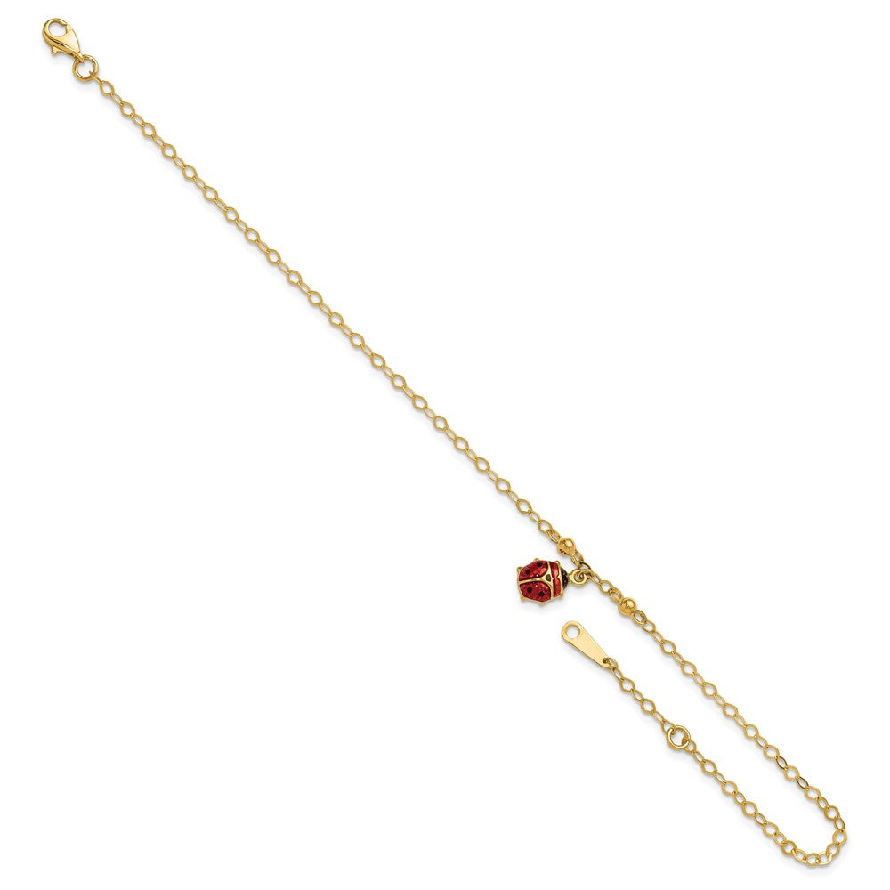 14K Yellow Gold Red and Black Enameled Ladybug 9 Inch Plus 1 Inch Extender - Total 10 Inch Anklet