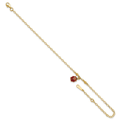 14K Yellow Gold Red and Black Enameled Ladybug 9 Inch Plus 1 Inch Extender - Total 10 Inch Anklet