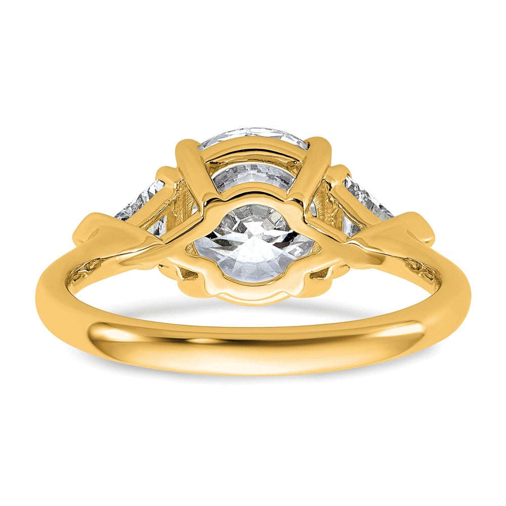 14K Yellow Gold 5/8 carat Lab Grown Diamond VS+ F+ Triangle 2 1/2 carat Round Semi Mount Three Stone Engagement Ring