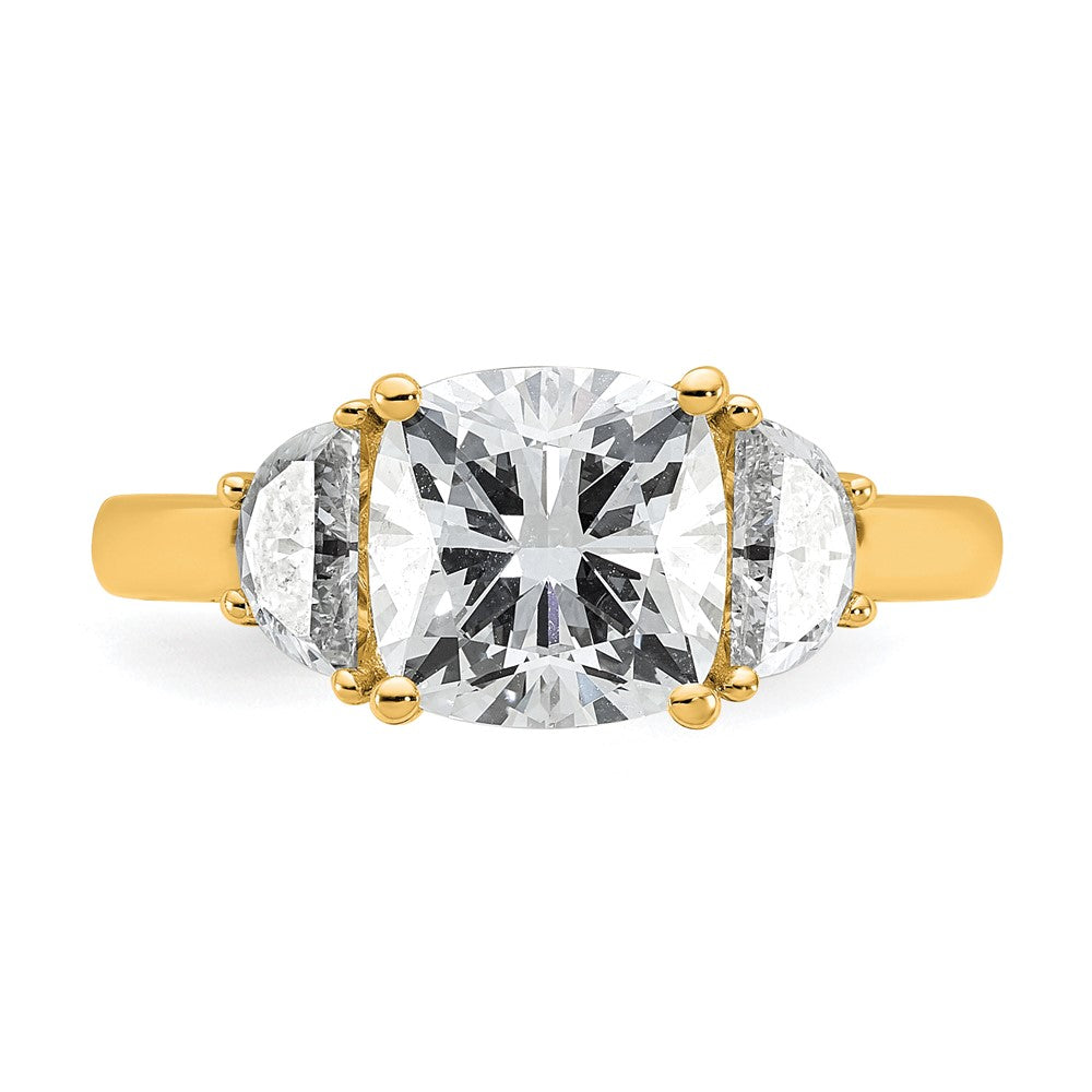 14K Yellow Gold 5/8 carat Lab Grown Diamond VS/SI+ G+ Half Moon and 2 1/2 carat Cushion Center Semi Mount Three Stone Engagement Ring