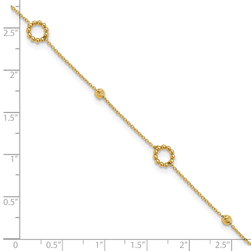 14K Yellow Gold Circle and Diamond-cut Bead 10 Inch Plus 1 Inch Extender - Total 11 Inch Anklet