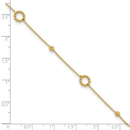 14K Yellow Gold Circle and Diamond-cut Bead 10 Inch Plus 1 Inch Extender - Total 11 Inch Anklet