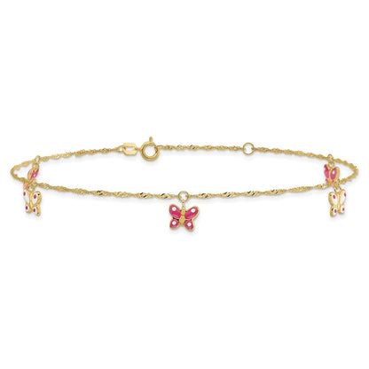 14K Yellow Gold Pink and Enameled Butterfly Dangles 9 Inch Plus 1 Inch Extender - Total 10 Inch Anklet