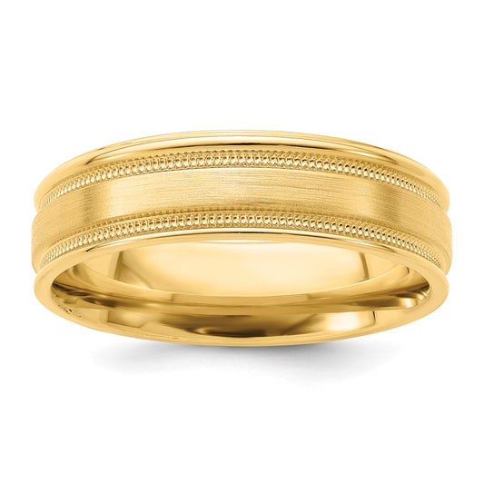 14K Yellow Gold 6mm Standard Weight Comfort Fit Brushed Satin/Polished Milgrain Grooved Edge Wedding Band Ring