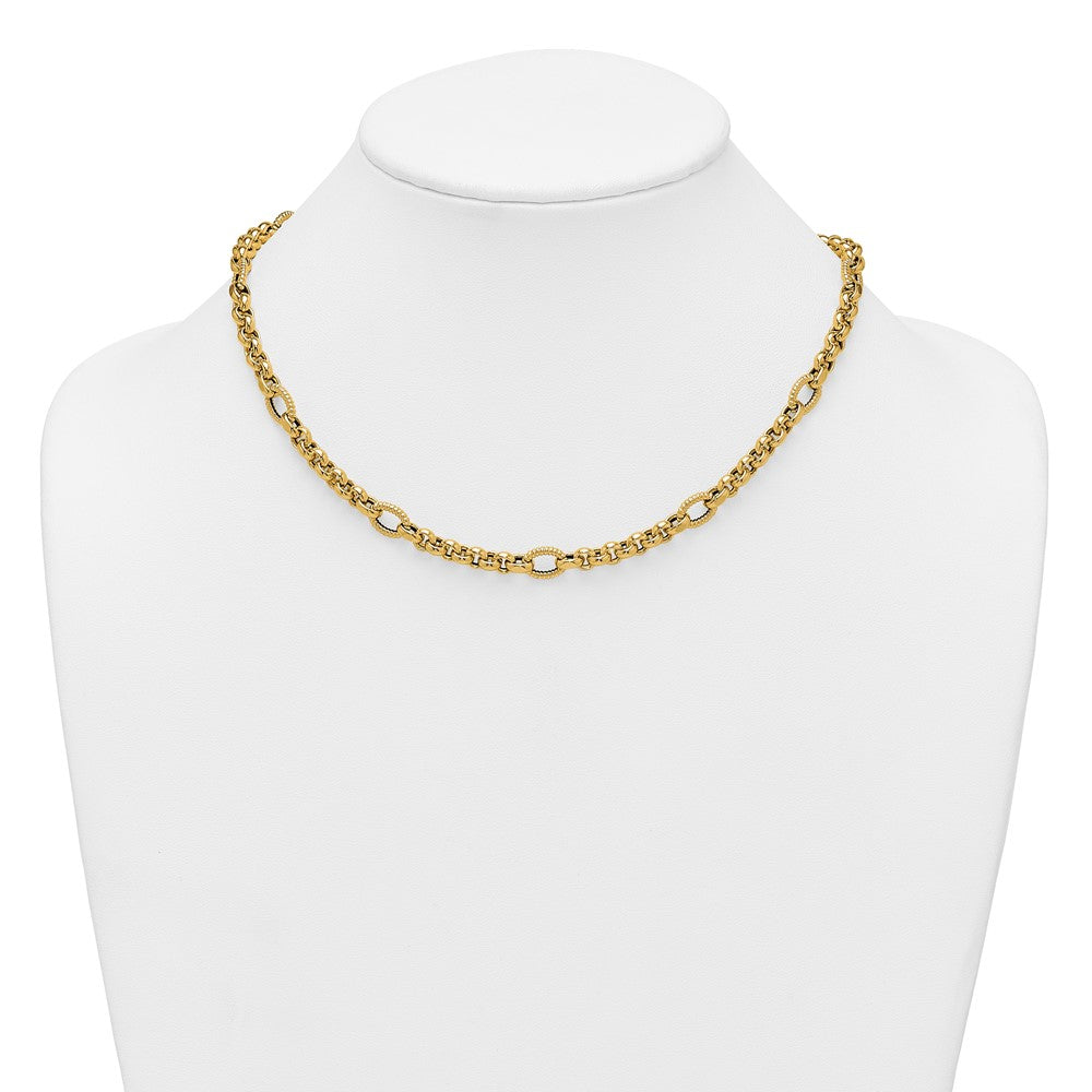 14K Yellow Gold Polished and Textured Rolo and Oval Fancy Chain 18 Inch Necklace