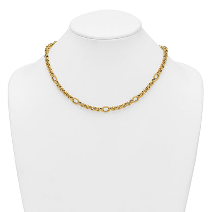 14K Yellow Gold Polished and Textured Rolo and Oval Fancy Chain 18 Inch Necklace
